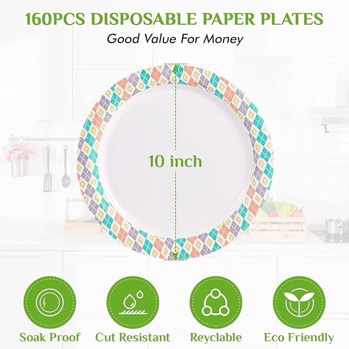FOCUSLINE 10 Inch Paper Plates, 160 Count Disposable Paper Plates for Everyday Use, Cut-Proof & Soak-Proof Coated Dinner Plate Large, Round 10" Plate for Home, Party
