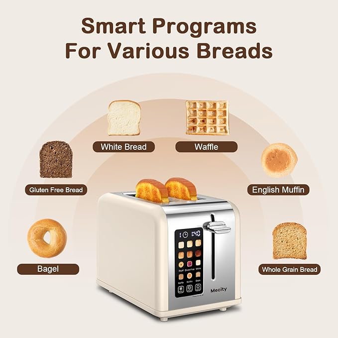 Mecity 2 Slice Touch Screen Toaster, 1.5" Wide Slot, Stainless Steel Smart Toaster for Bagels, Muffins, Waffles, Gluten-Free Breads, Defrost, Reheat, Timer, 120V 825W, Cream Color