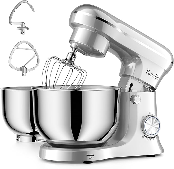 Facelle Tilt-Head Stand Mixer, 5QT+6QT Stainless Steel Two Bowls, 10 Speeds Kitchen Electric Food Mixer with Egg Whisk, Dough Hook, Beater, Dishwasher-Safe Attachment, Ideal Gift for Mom