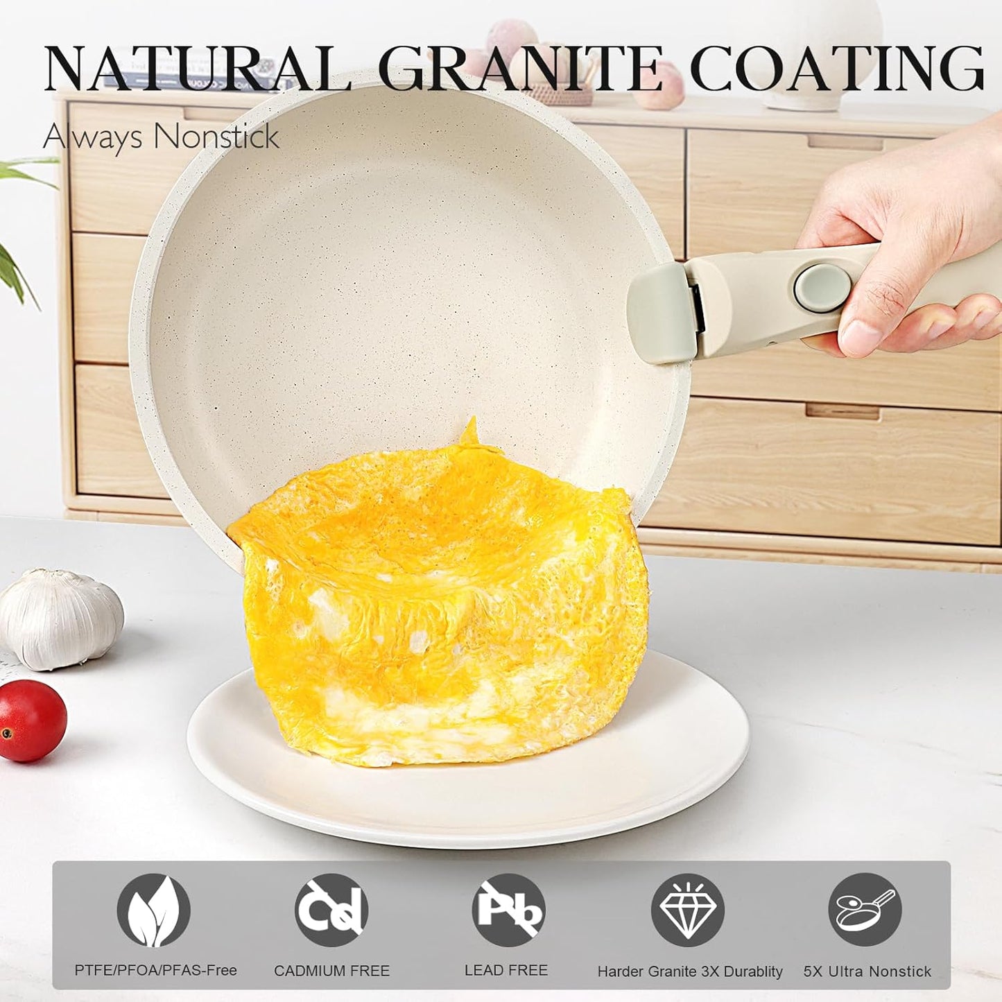 GiPP Non Stick Frying Pans Set Removable Handle, Oven Safe Nonstick Fry Pan Skillets with Detachable Handle, Granite Coating Healthy Cooking Compatible with All Stovetops, PFOA Free, RV Cookware set