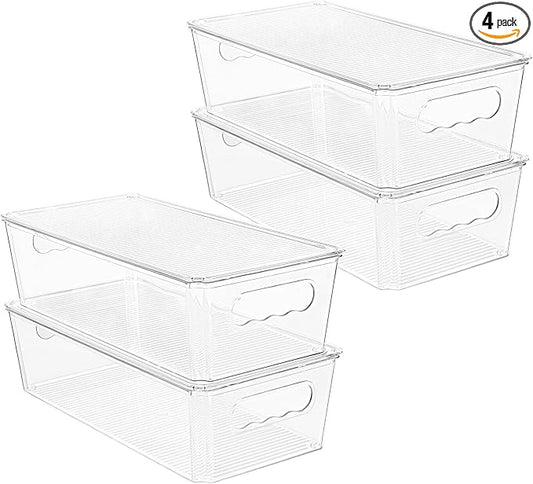 Vtopmart 4pcs Clear Organizers and Storage Bins with Lids, Stackable Plastic Storage Containers with Handles for Fridge, Freezer, Pantry, Cabinet, Kitchen Organization