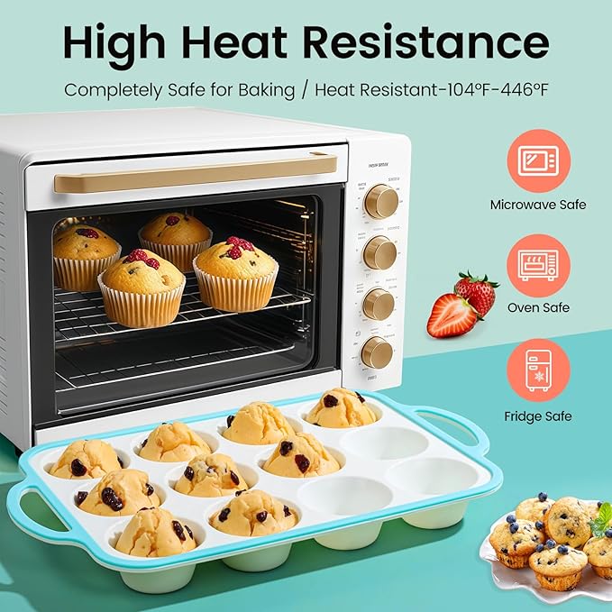 Silicone Muffin Pans for Baking 2 Pack, 2.6 Inch with Metal Reinforced Frame, Regular Size Nonstick Cupcake Pan 12 Cups for Baking Homemade Muffins, Dishwasher Safe BPA Free-Blue