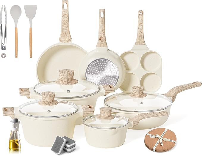 Caannasweis 20Pcs Cookware Sets, Nonstick Pots and Pans Set, Granite Induction Cookware, Non Stick Kitchen Cooking Set, Cream White Egg Pan Set, PFOS PFOA Free