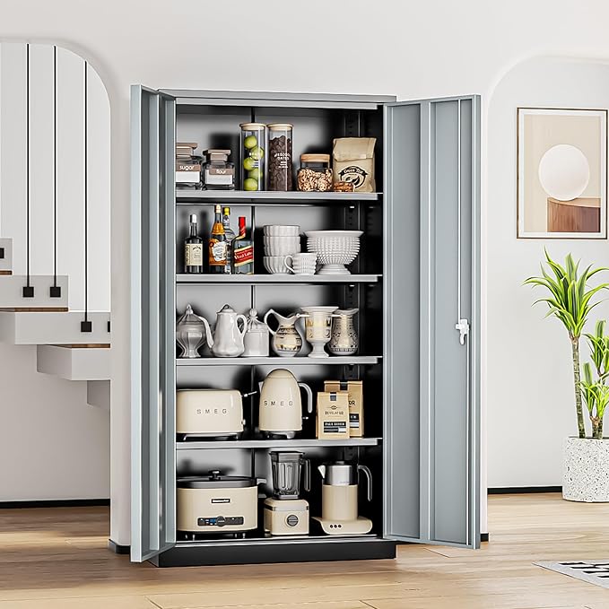 INTERGREAT Metal Storage Cabinets 72” Black Grey Garage Steel Storage Cabinet with Doors and Shelves, Steel File Cabinet for Home Office, Basement, Warehouse, Classroom（Anti Tipping）