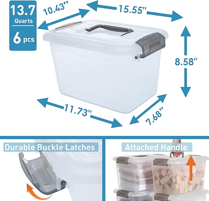 Citylife 6 Packs 13.7 QT Storage Bins with Lids Clear Plastic Bins with Grey Handle Stackable Storage Containers for Organizing