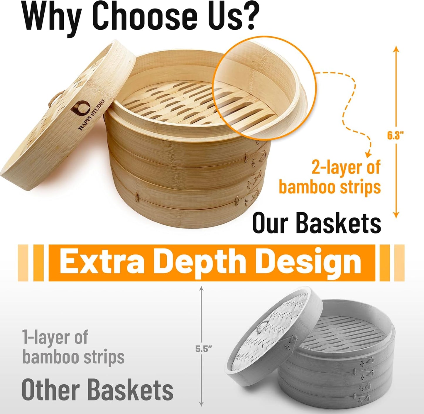 Bamboo Steamer - 2-Tier 10 Inch for Cooking Dim Sum, Momo, Rice - Chinese Basket for Bao Bun, Dumplings - Japanese Steaming