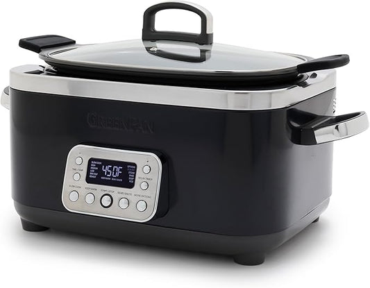 GreenPan Elite 14-in-1 Programmable 6QT Electric Slow Cooker, Dishwasher Safe Lid & Removable Crock, PFAS-Free Healthy Ceramic Nonstick Multi-Cooker, Sear, Sauté, Brown, Steam Basket, Roast, Black