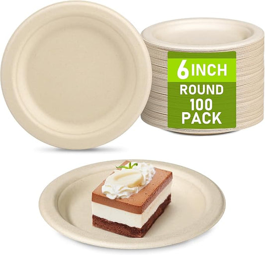 Small Paper Plates, 100 Pack Paper Plates 6 inch, 100% Compostable Plates Eco Friendly Disposable Plates, Small Dessert Plates, Brown Paper Plates