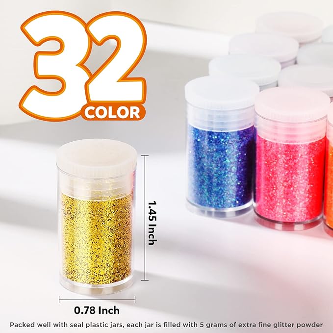 LEOBRO Glitter, Fine Glitter for Resin, Set of 32 Colors, for Nail Body Tumbler Arts and Crafts