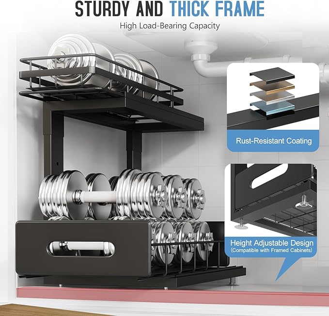 2 Pack Under Sink Organizer Upgrade To Professional Rails,2-Tier Dual Pull Out Cabinet Storage,Height Adjustable Slide Out Drawers For Bathroom Kitchen,Under Sink Shelf (Patent Registered)