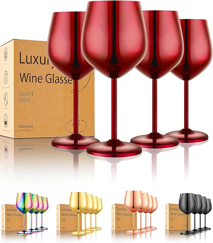 Stainless Steel Wine Glasses Set of 4 Unbreakable Wine Glass 18 oz Unique Metal Wine Goblets for Outdoor, Travel, Camping, Pool, Ideal Gift for Wine Lovers (Mirror-Red)