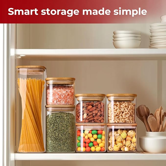 Glass Storage Jars with Bamboo Lid,Airtight Kitchen Canisters for Baking, Food Jar Container for Spices Cookie Tea Coffee Beans Snacks (4 pack 0.6qt)