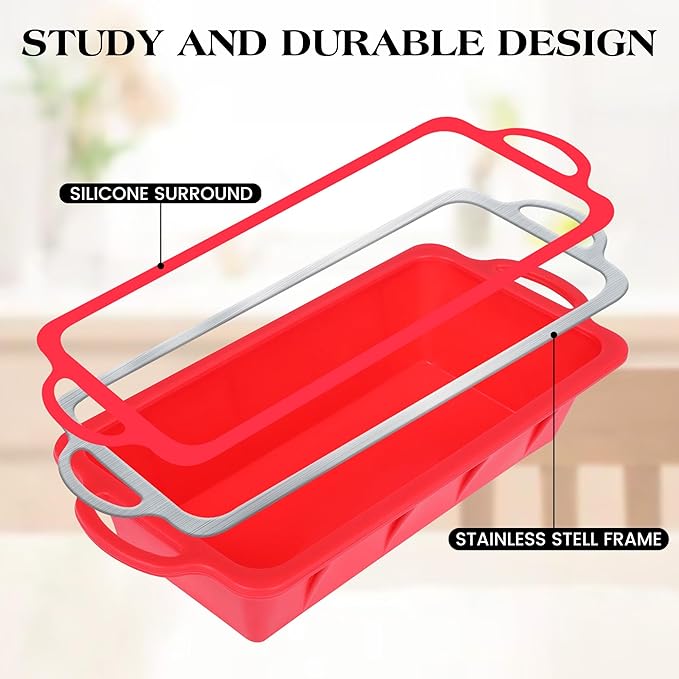 Silicone Bread Loaf Pan - Nonstick Large 10 x 4.8 inch Loaf Pans with Metal Reinforced Frame (Red)