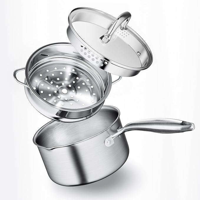 Leetaltree 2.5 Quart Stainless Steel Saucepan with Steamer Basket, Tri-ply Construction, Versatile Sauce Pan with Double-sized Drainage Lid - Perfect for Cooking Gravies, Pasta, Vegetable and More