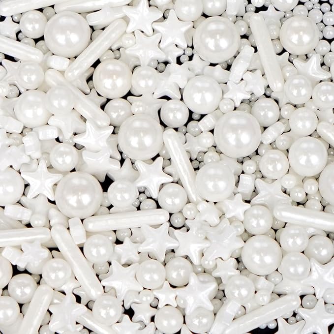 White Pearl Star Rods Sprinkles, Edible Pearls Sugar, 130g/4.58oz, White Sprinkles for Cupcake Decorating, Cupcake Toppers, Cake Decorations