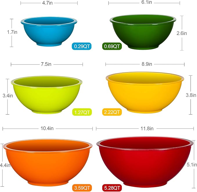 YIHONG 6 Piece Plastic Mixing Bowls Set, Colorful Serving Bowl for Kitchen, Ideal for Baking, Prepping and Cooking,Nesting Design for Space Saving Storage, Rainbow