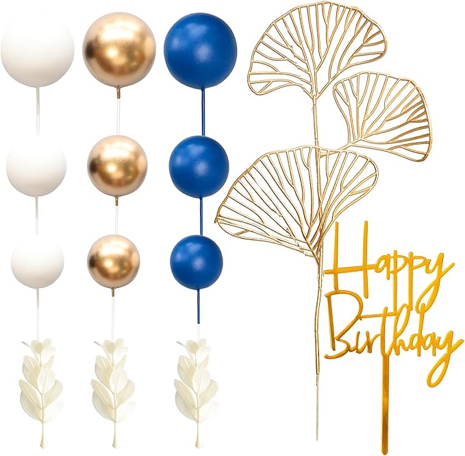 Gyufise 57Pcs Balls Cake Topper Boho Grass Cake topper Pearl Balls Acrylic Happy Birthday Cake Decorations for Wedding Baby Shower Birthday Boho Themed Party Supplies Royal Blue