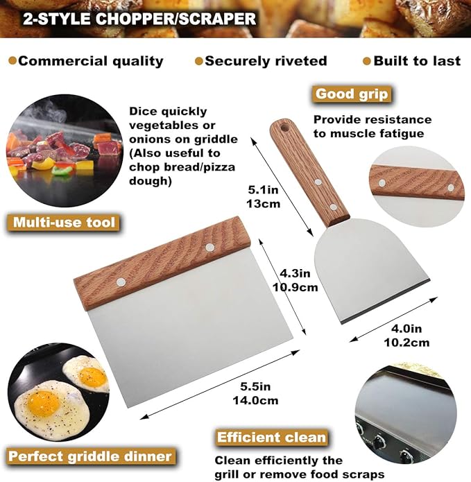 ROMANTICIST 8pcs Professional Griddle Accessories Kit - Heavy Duty Stainless Steel Grill Spatula Set for Grill Griddle Hibachi Flat Top Outdoor Cooking - Great Grill Gift on Birthday Wedding