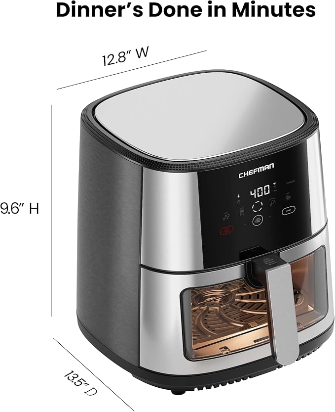 CHEFMAN Easy-View Air Fryer – 8 Qt Family Size with Viewing Window, One-Touch Digital Control with 4 Presets, Nonstick & Dishwasher Safe, Broil, Roast, Dehydrate, Bake, Auto-Shutoff, Stainless Steel