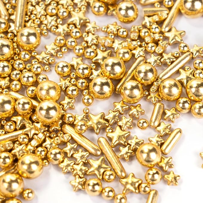 Dazzjoy Edible Gold Pearl Sprinkles, Sugar Candy Pearls, Food Grade, 130g/4.58oz, Gold Star Pearls Sprinkles for Cake Decorating, Cupcake, Cookies Topper Decoration