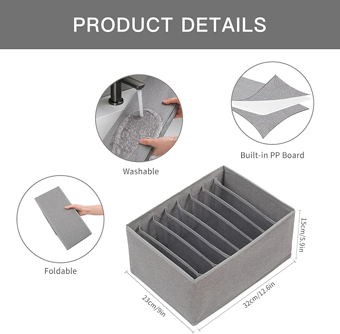 Qozary 4 Pack Drawer Organizers for Clothing, 8 Grids Foldable Closet Organizers and Storage Bins for Bedroom, Dresser Organizer Boxes for Thin T-shirts, Tank Tops