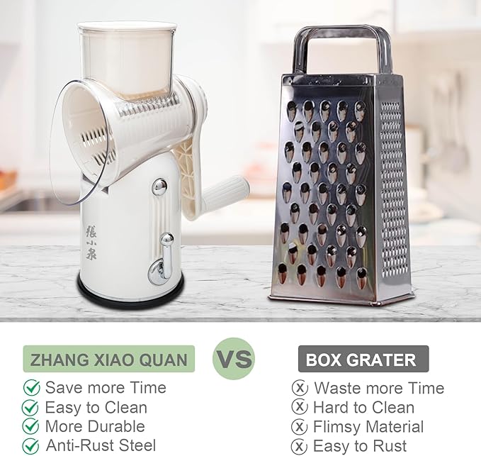 ZHANG XIAO QUAN SINCE 1628 5-in-1 Interchangeable Blades Rotary Cheese Grater Hand Crank, Cheese Shredder Mandoline Vegetable Julienne Slicer Cutter Nut Chopper with Anti-Slip Base, Blade Storage