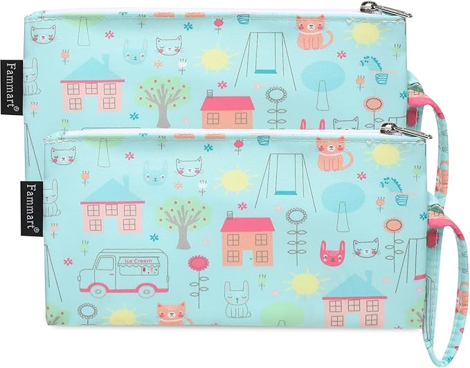 Reusable Sandwich Bag/Snack Bag for Kids & Adults, Dual Layer Lunch Bag with Handle, Washable, Food Safe, BPA Free (2-Pack, Colorful Cat)