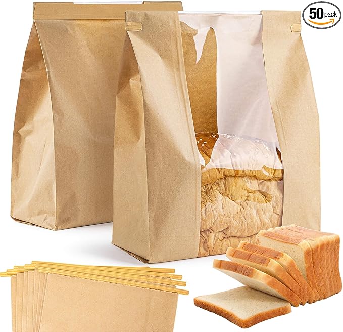 50 Bread Bags with Reusable Ties - Homemade Sourdough Bread Storage Bags Brown Paper Bagel Loaf Bakery Bags with Window Toast Bags with Resealable Ties Disposable Baked Goods Sale Packaging