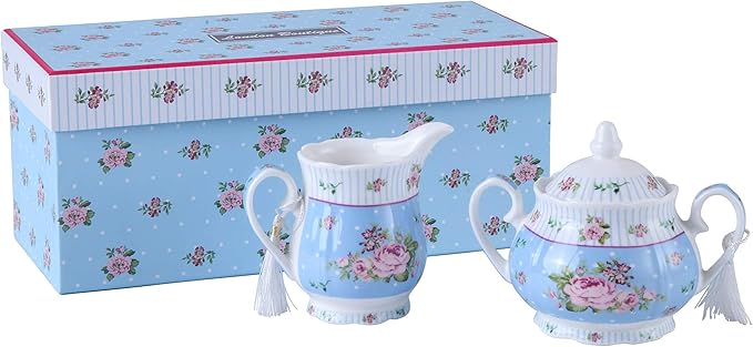 London Boutique Porcelain Teapot Sugar Bowl and Cream Milk Jug Shabby Chic Vintage Floral in Gift box 40oz (Teapot Rose Blue)