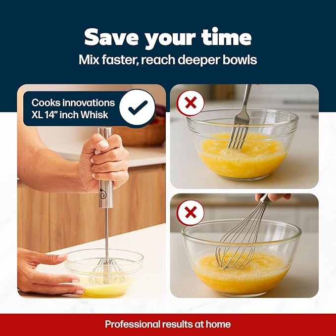 14 Inch Stainless Steel Hand Whisk - Durable & Easy to Use Push-Down Zip Whisker - Rotary Hand Mixer for Beating Eggs, Frothing Milk, Blending, Mixing, Whipping Smoothies & Shakes - Kitchen Tools