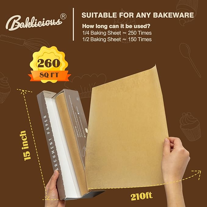 Unbleached Parchment Paper Roll for Baking, 15 in x 210 Ft, 260 Sq.Ft, Non-stick Baking Paper, Food Grade Cooking Paper for Bread, Cookies, Heat Press, Oven, Air Fry