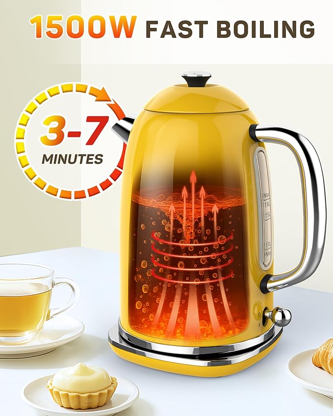 Harriet Electric Kettle, 1.8L Retro Electric Tea Kettle with Thermometer, 1500W Stainless Steel Hot Water Kettle Electric with LED Indicator, Fast Boiling, Cordless, Auto Shut-Off, Yellow