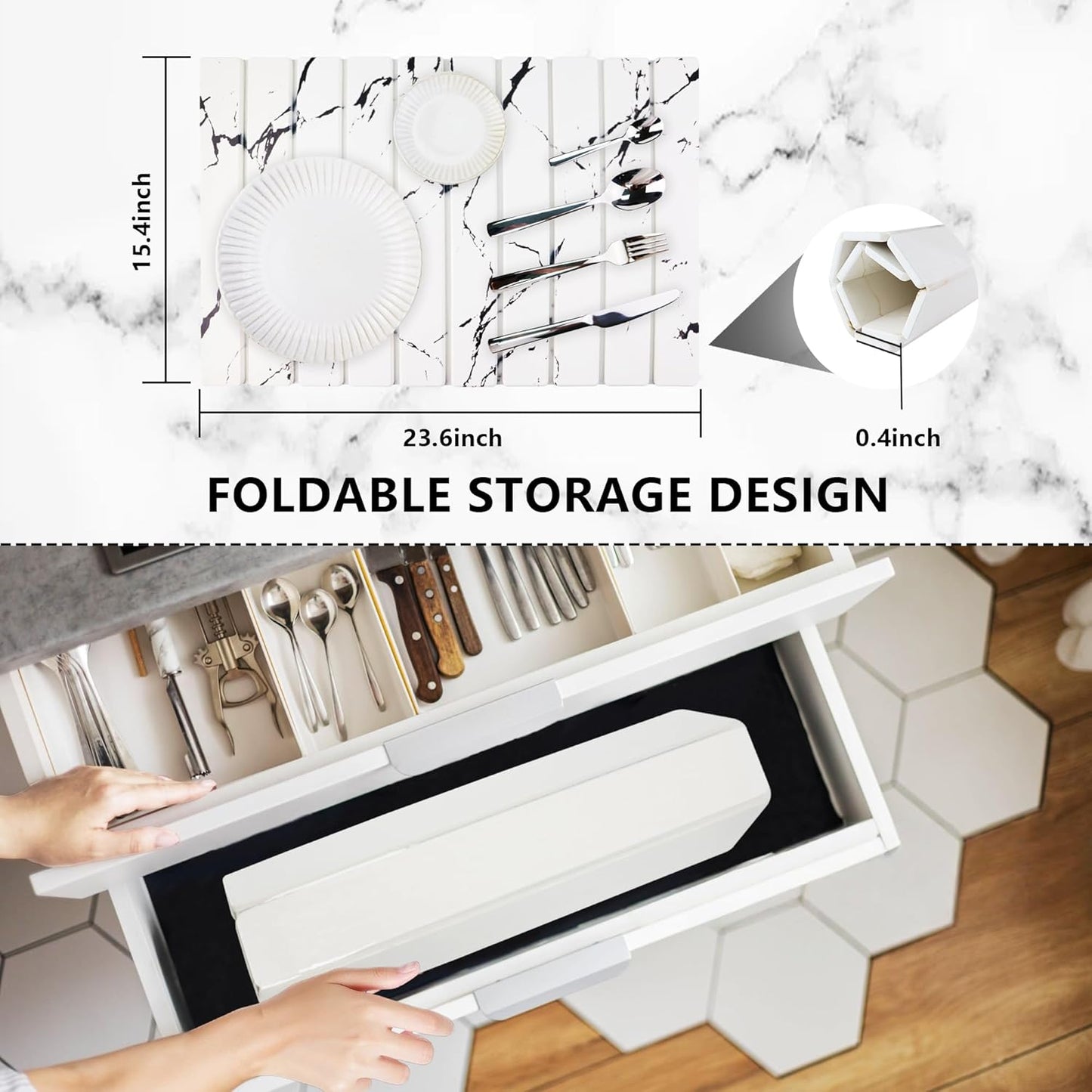 Large Stone Drying Mat for Kitchen Counter Diatomaceous Earth Collapsible 24”（L）*16”（W）Super Heat Resistant Mats, Quick Absorbent Dish Drying Rack（Gray marble）