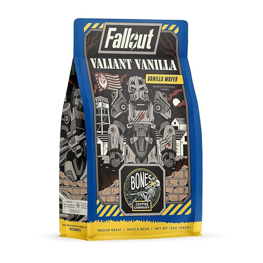 Bones Coffee Company Fallout Valiant Vanilla, Vanilla Wafer Flavored Coffee, Medium Roast Low Acid Arabica Beans Compatible with Auto drip and French Press Coffee Maker, 12 Oz Whole Bean