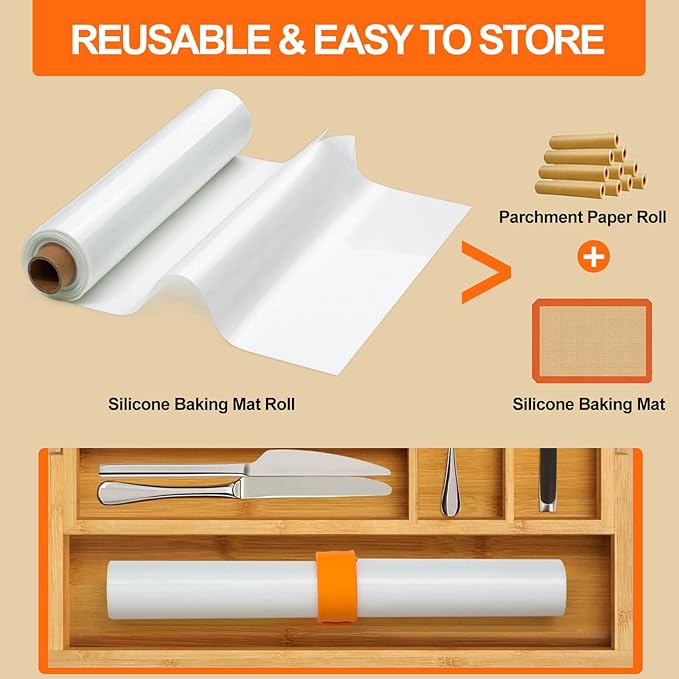 Silicone Baking Mat Roll -12IN x 10FT Non Stick Heat Resistant Food Grade Baking Mats, No Slip Reusable Freeze Dryer Mat,Pastry Mat,Countertop Protector Mat, Washable Oil-Proof Refrigerator Liners