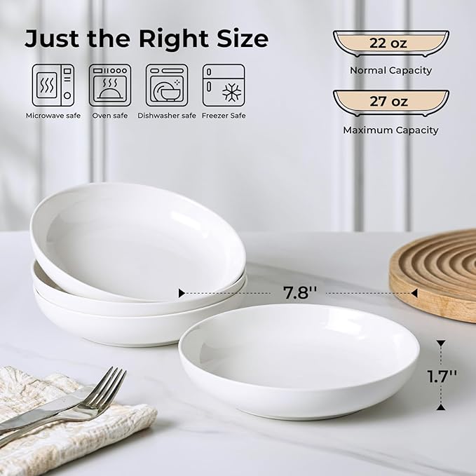 Y YHY Pasta Bowls, 27 Ounces Salad Bowls, Ceramic Serving Bowl Set of 4, 7.8 Inch Porcelain Pastes for Serving Dinner and Salad，Wide and Shallow Bowls Set, Microwave and Dishwasher Safe, White