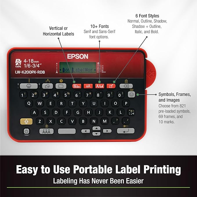 LABELWORKS Epson LW-K200PX-RDB Portable QWERTY Keyboard Label Maker for Home & Hobbies – Craft, Organize, and Personalize - Red Black Printer