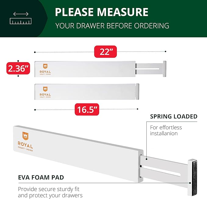 ROYAL CRAFT WOOD Adjustable Bamboo Caddy Expandable Drawer Organization Separators For Kitchen, Dresser, Bedroom, Bathroom and Office, 4-Pack (Large (up to 22)), White