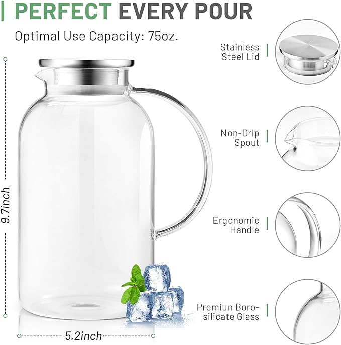 SUSTEAS 2.2 Liter 75oz Glass Pitcher with Lid, Easy Clean Heat Resistant Glass Water Carafe with Handle for Hot/Cold Beverages - Water, Cold Brew, Iced Tea & Juice, 1 Long-Handled Brush Included