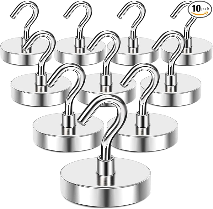 MIKEDE Magnetic Hooks Heavy Duty, 150LB+ Strong Neodymium Magnets with Hooks for Refrigerator, Large Magnetic Hooks with Epoxy Coating for Hanging, Home, Workplace - 10 Pack