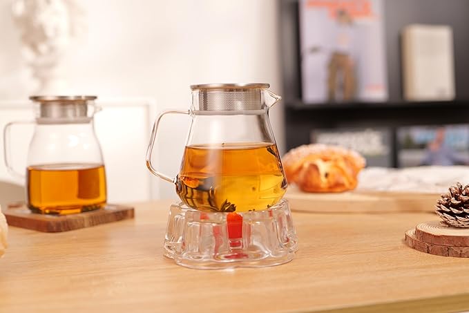 CNGLASS One-Touch Glass Teapot with Stainless Steel Filter Lid,20oz(600ml) Glear Tea Kettle Stovetop Safe,Borosilicate Glass Tea Pots for Loose Leaf Tea