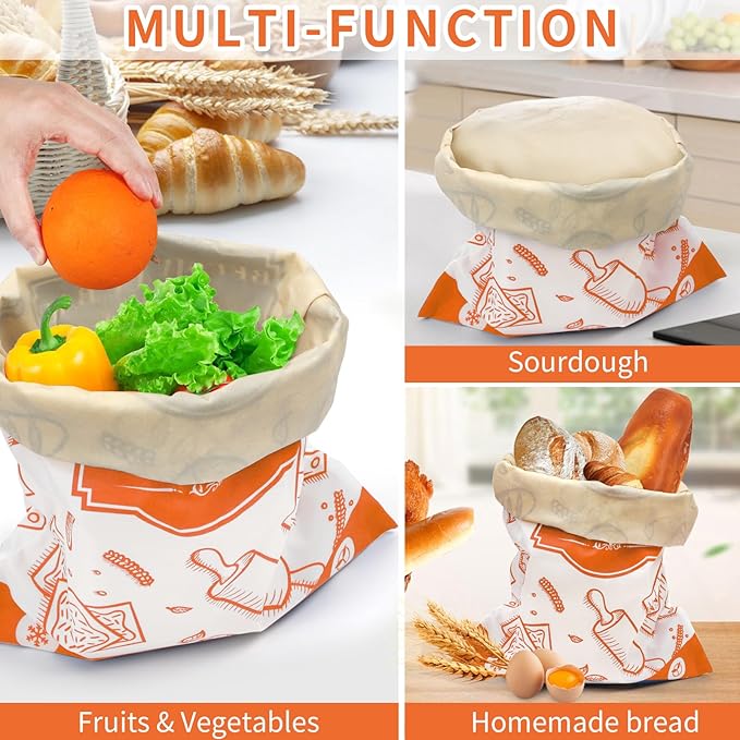 2-Pack Beeswax Bread Bags for Homemade Bread, Orange Reusable Sourdough Storage Bags with Premium Beeswax Coating for Loafs Baguette Fresh Keeping,Great Homesteading Essentials and Baking Gifts.