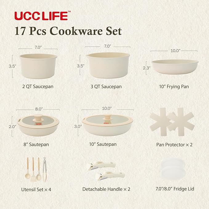 UCClife 17-Piece Nonstick Cookware Set, Family Kitchen Pots & Pans with Removable Handles, Oven & Dishwasher Safe, PFAS-Free for Everyday Cooking