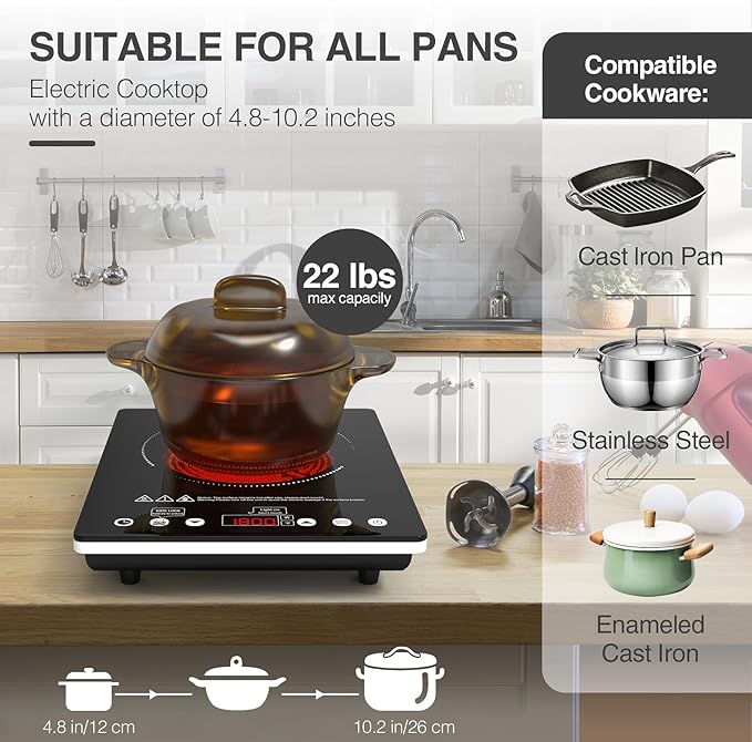 Electric Cooktop 12 Inch,Single Burner Plug in Portable 110V Electric Cooktop, Countertop Ceramic Stove Top with Power Levels and Overheat Protection