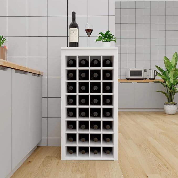 WERSMT 8-Tier Wine Rack Freestanding Floor, 32 Bottles Wood Wine Rack Counter for Small Space, Farmhouse Stackable Modular Wine Bottle Holder Rack, White