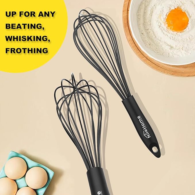 NileHome Upgrade Silicone Whisk Set 8" 10" 12" Kitchen Whisk Kitchen Wisk Wire Whisks for Cooking, Whisking, Blending, Beating, Stirring-Black
