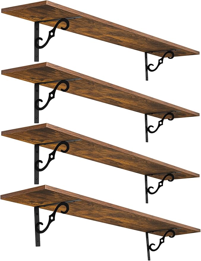 DINZI LVJ Long Wall Shelves, 47.3 Inch Large Floating Shelves Set of 4, Wide Display Shelf Wall Mounted with Brackets, Easy Hanging for Living Room, Toilet, Office, Bedroom, Rustic Brown