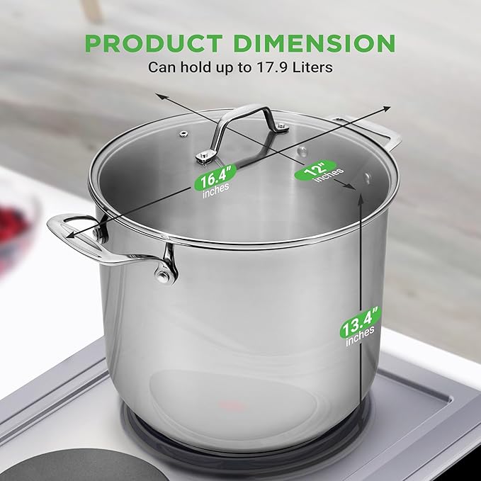 NutriChef 19-Quart Stainless Steel Stockpot – 18/8 Food Grade Heavy-Duty Induction-Compatible Pot with See-Through Lid, Ideal for Stews, Broths, Simmering & Soups, Dishwasher Safe – NCSP20