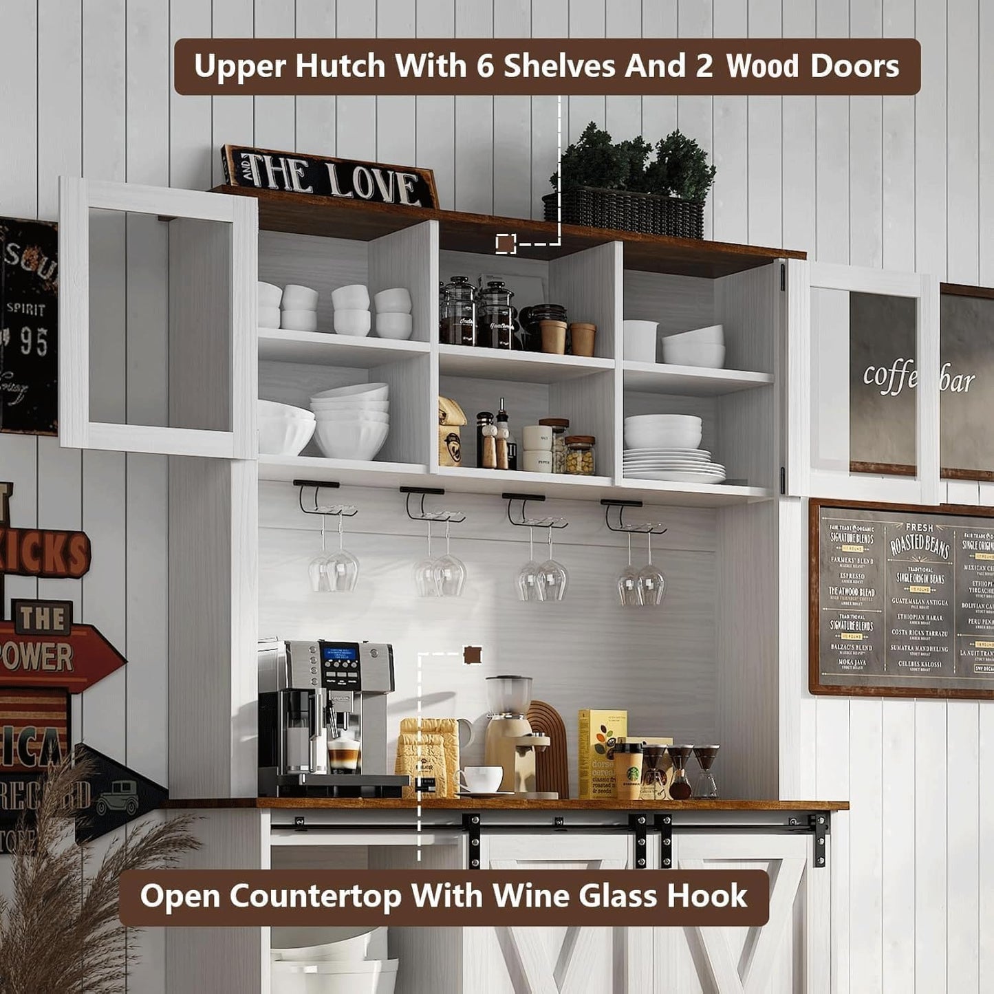 4ever2buy Farmhouse Coffee Bar Cabinet with 2 Glass Doors, 72'' White Bar Cabinet with Sliding Barn Door, Tall Wine Bar with 9 Racks, Coffee Bar Hutch with Storage for Living Room