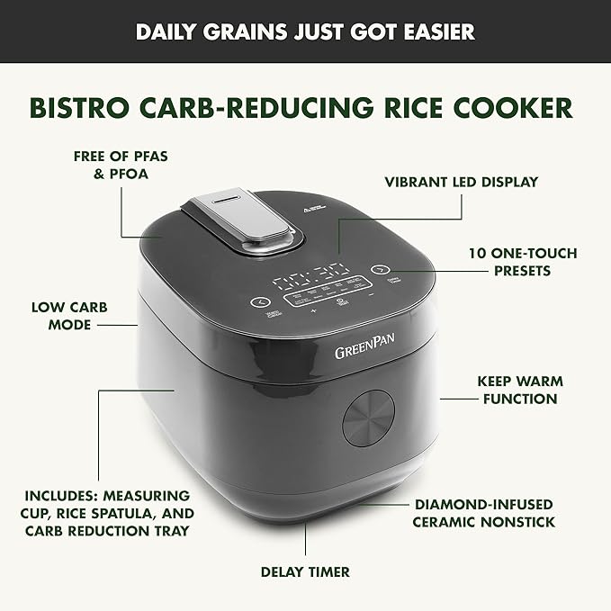 GreenPan Carb Reducing Electric Rice Cooker, 4 Cups Uncooked/8 Cooked Rice, 10 Presets, LED Display, Healthier Meals, Delay Timer, PFAS-Free Ceramic Nonstick Removable Bowl, Cool Touch, Steam, Graphite